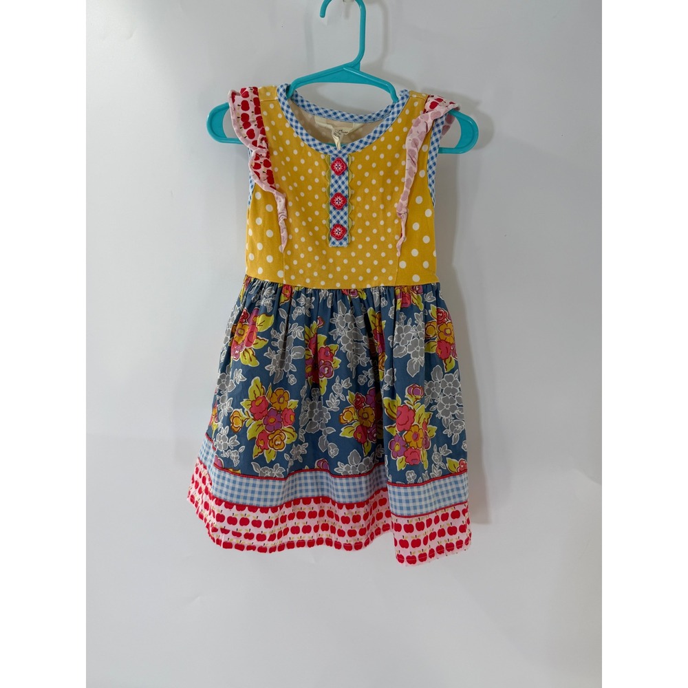 Matilda Jane Girls Mixed Print Floral Polka Dot Dress Size 2 Yellow Blue Red